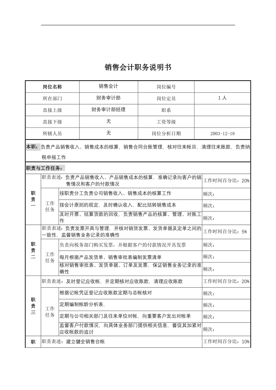 湖北新丰化纤公司财务审计部销售会计职务说明书.docx_第1页