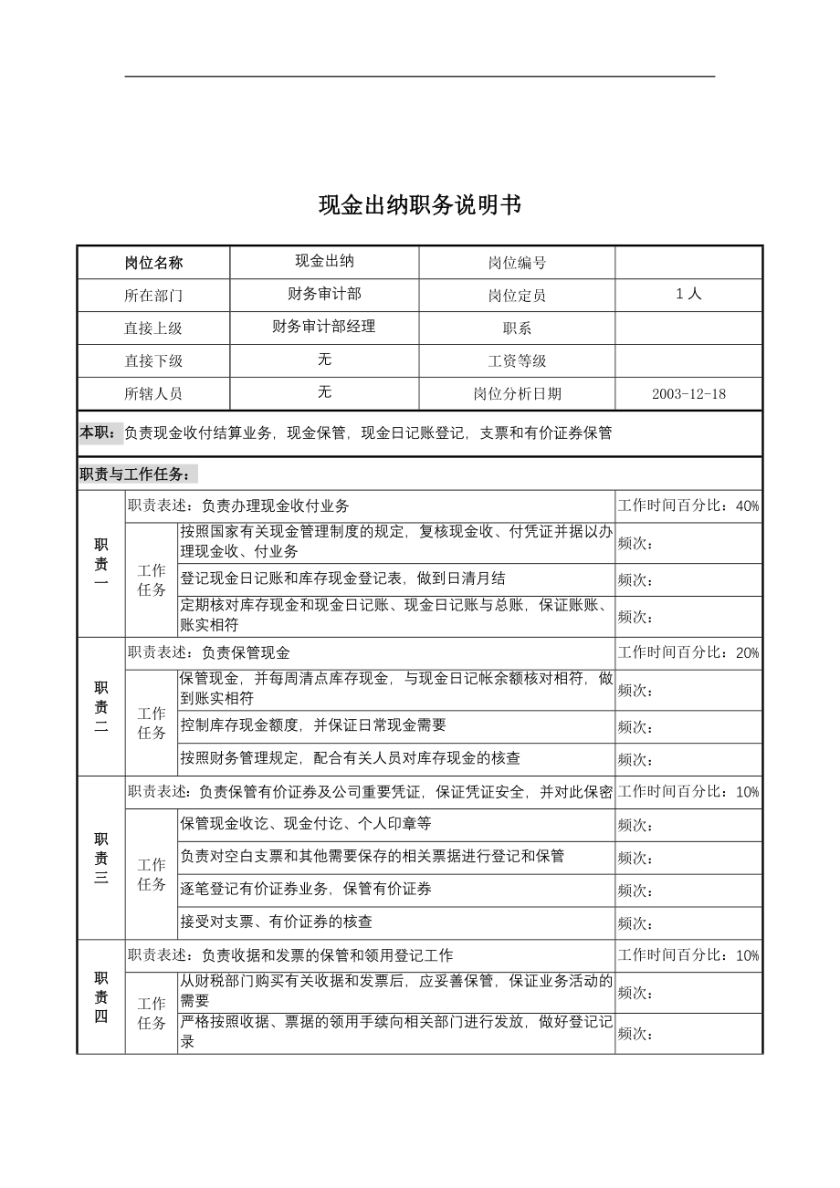 湖北新丰化纤公司财务审计部现金出纳职务说明书.docx_第1页