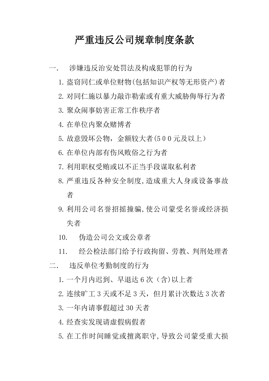 严重违反公司规章制度的条款【可编辑范本】.doc_第1页