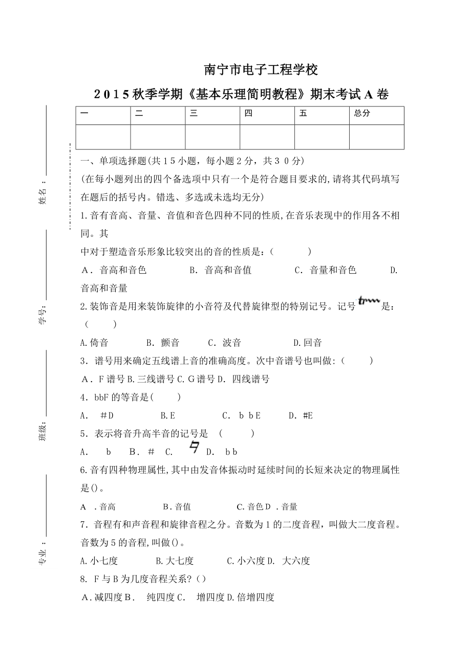 乐理试卷-(B)试卷教案.doc_第1页