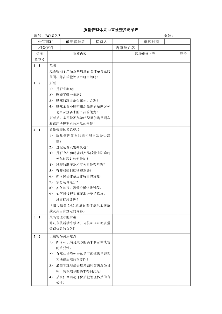 质量管理体系内审检查及记录表.docx_第1页