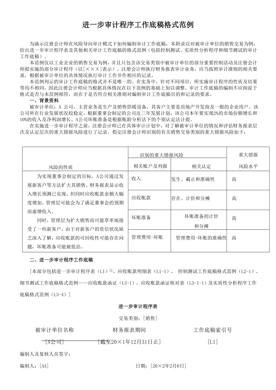 进一步审计程序工作底稿格式.docx_第1页