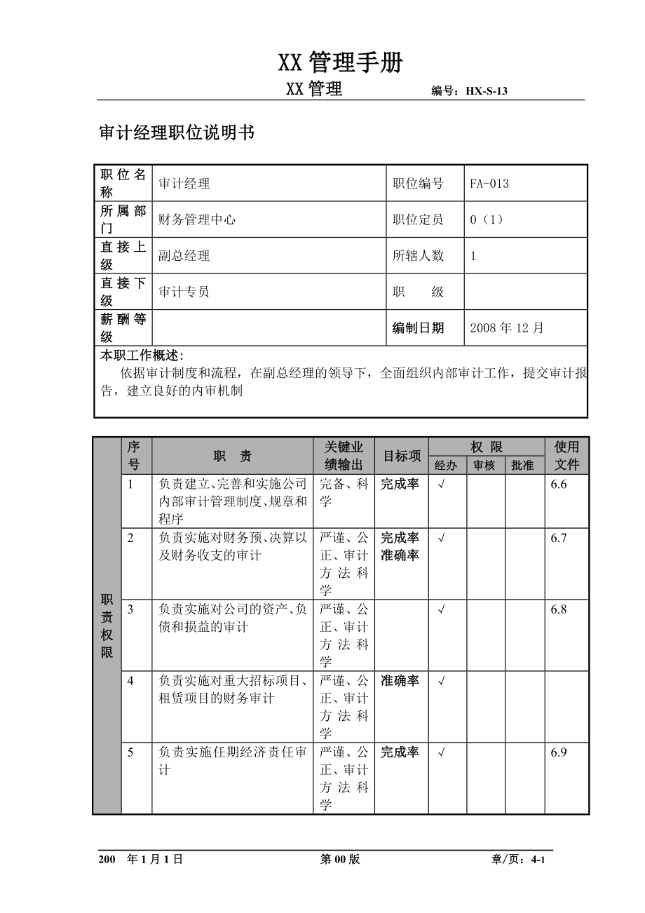 某航空物流公司审计经理职位说明书及关键绩效标准.docx_第1页