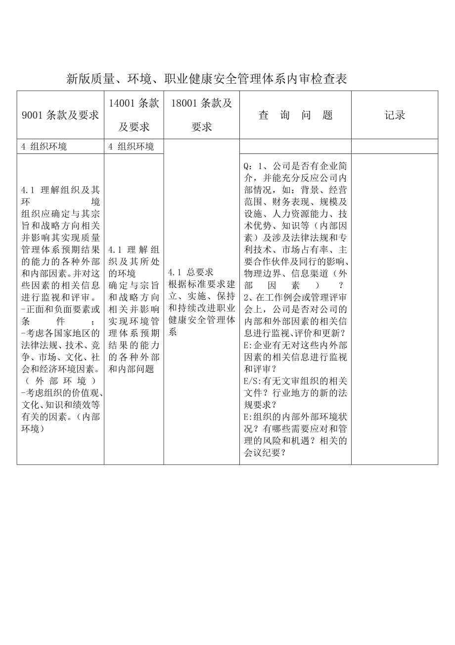 新版质量环境职业健康安全管理体系内审检查表.docx_第1页