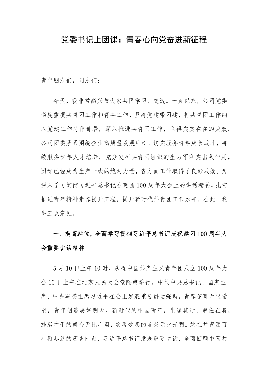 党委书记上团课：青春心向党奋进新征程.docx_第1页