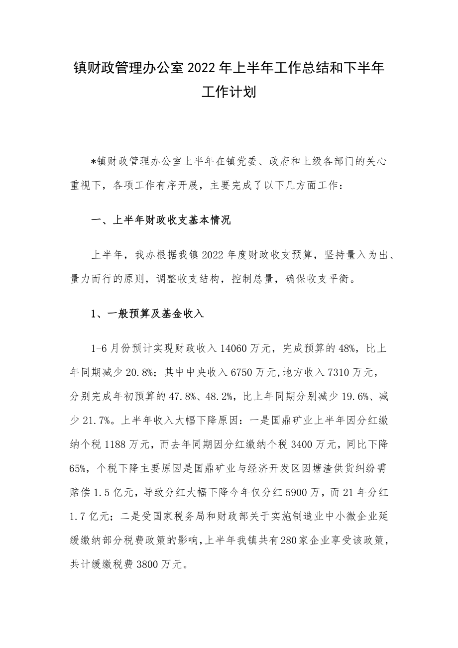 镇财政管理办公室2022年上半年工作总结和下半年工作计划.docx_第1页