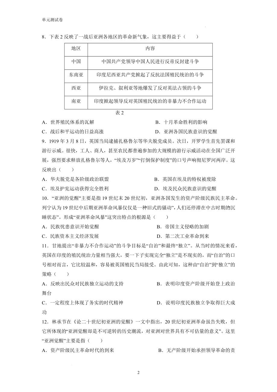 高一下学期统编版2019中外历史纲要下第六单元世界殖民体系与亚非拉民族独立运动测试卷.docx_第2页