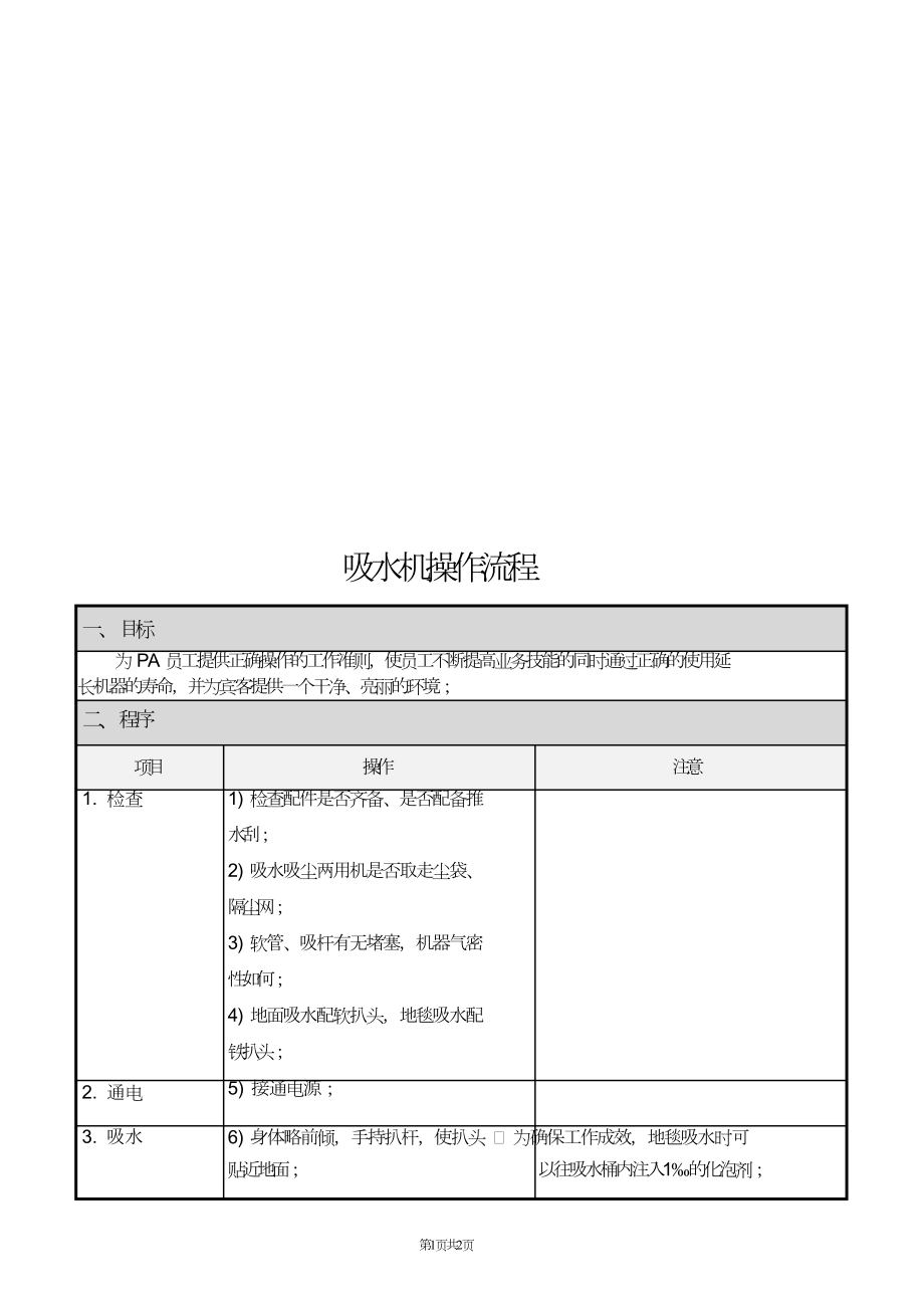 客房部酒店PA保洁员服务员清洁打扫卫生标准 （PA-SOP-012）吸水机操作流程.doc_第1页