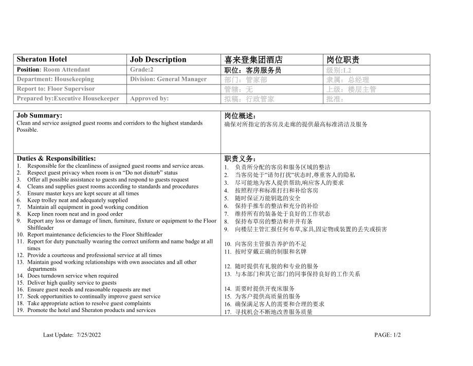 喜来登(Sheraton)酒店房务部楼层服务员岗位职责.doc_第1页