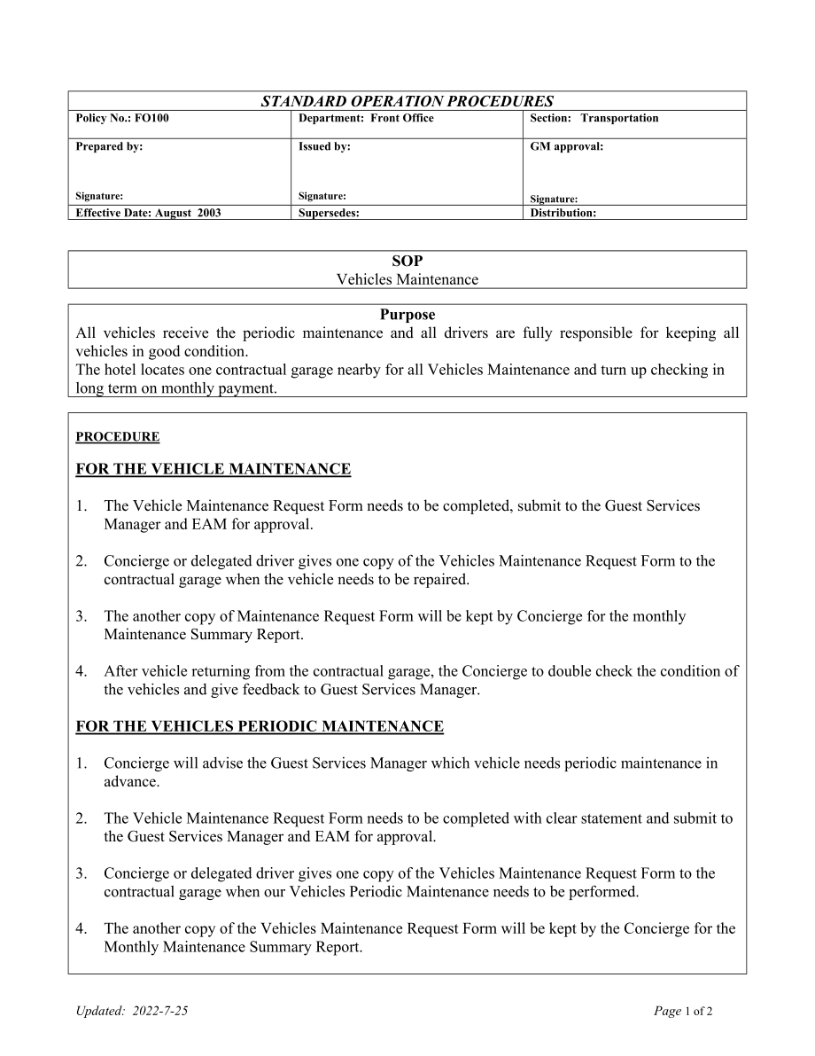 国际酒店车队司机流程制度 FO100-车辆维修Vehicles Maintenance.doc_第1页