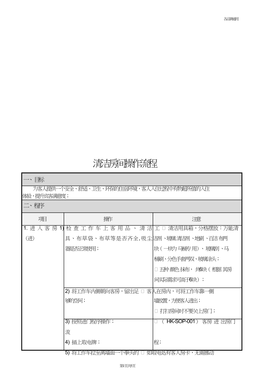 酒店房务部客房楼层服务员新员工培训制度 （HK-SOP-009）清洁房间操作流程.doc_第1页