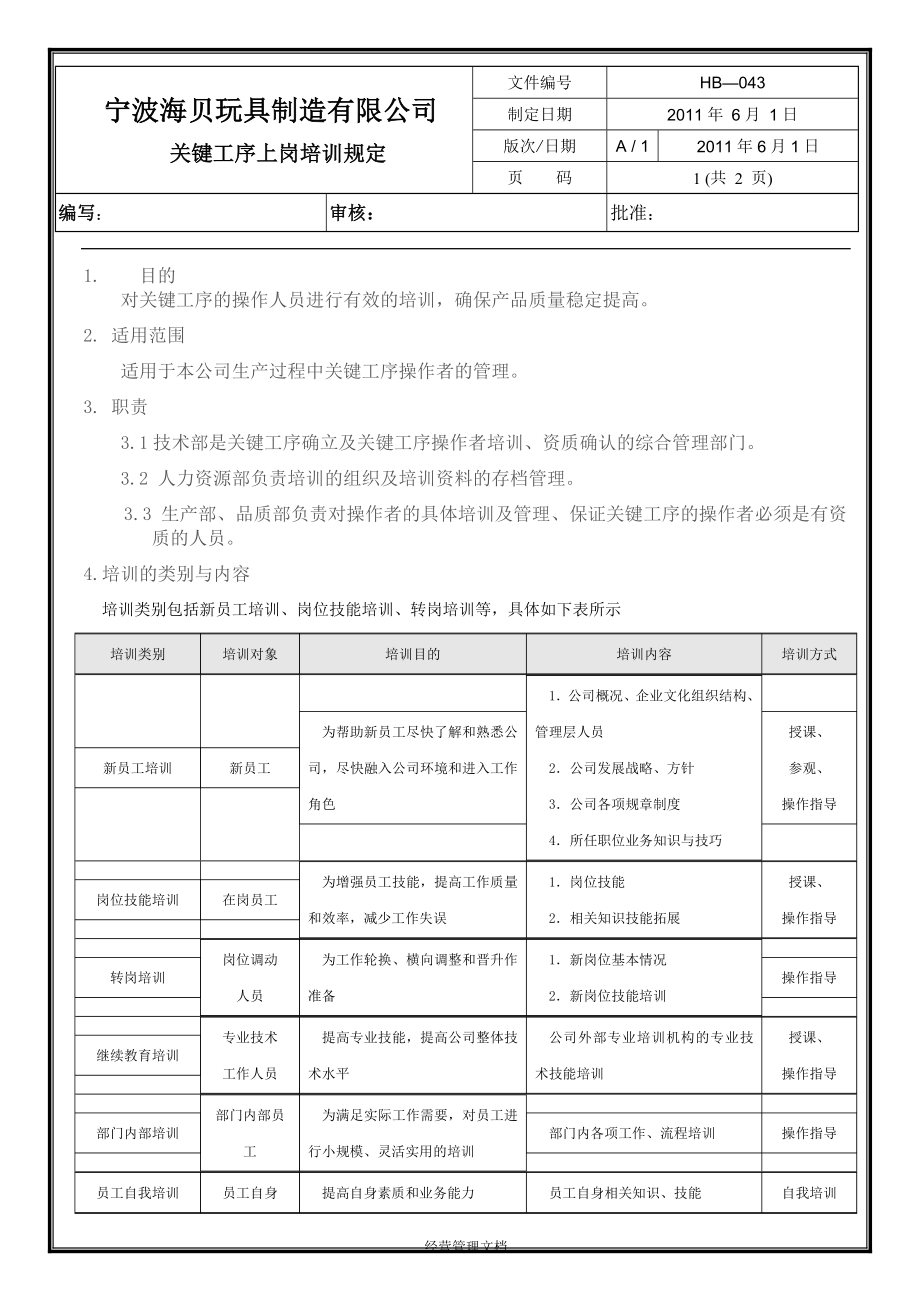 企业新员工培训管理资料 34_关键工序上岗培训规定（模板）.doc_第1页