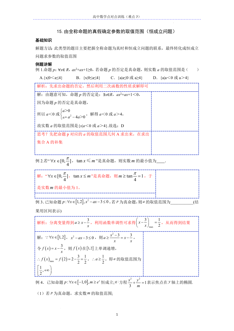 基础考点15（难点7）由全称命题的真假确定参数的取值范围（恒成立问题）--高考数学一轮复习专题讲义一集合与常用逻辑用语.docx_第1页