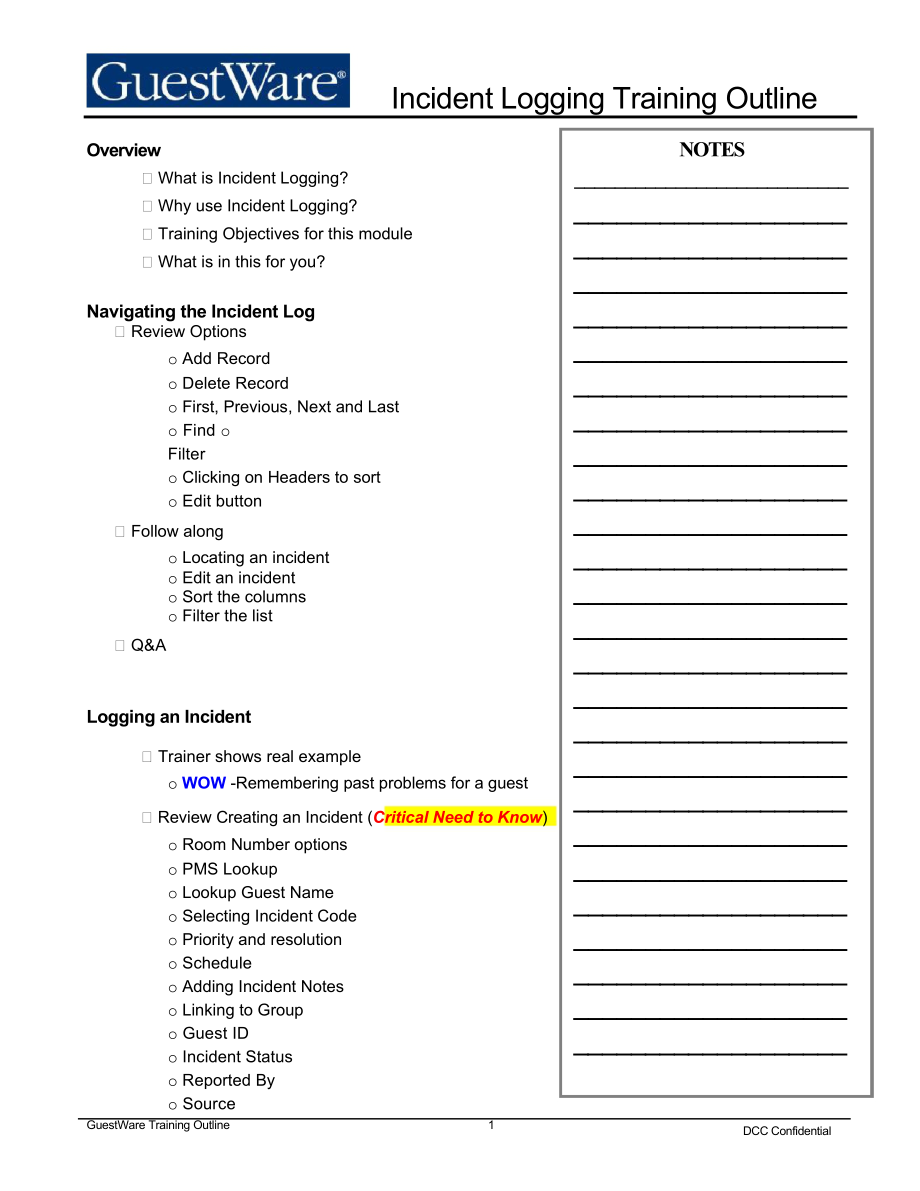 国际联号酒店前厅客房营销礼宾财务运营管理资料 Formatted GW4 Incident Tracking Training Outline.doc_第1页