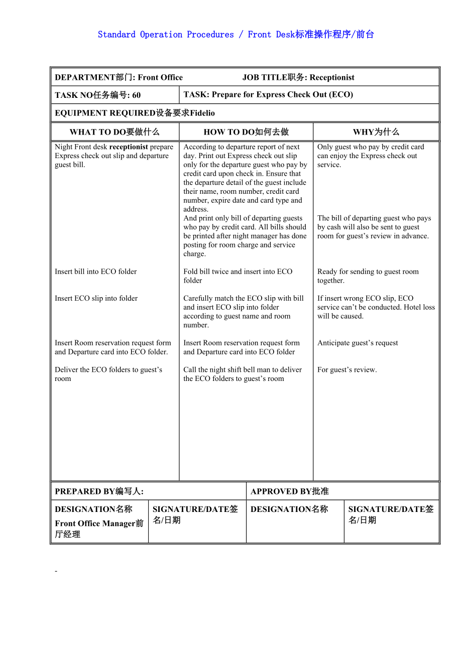 国际酒店前厅前台操作程序手册-SOP Rec 60 Prepare for Express Check Out.DOC_第2页