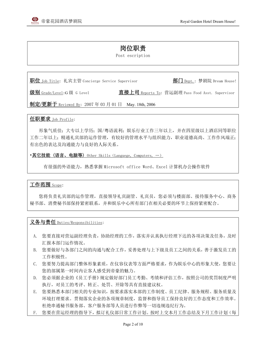 国际星级酒店操作流程手册 B020201-礼宾主管岗位职责.doc_第2页