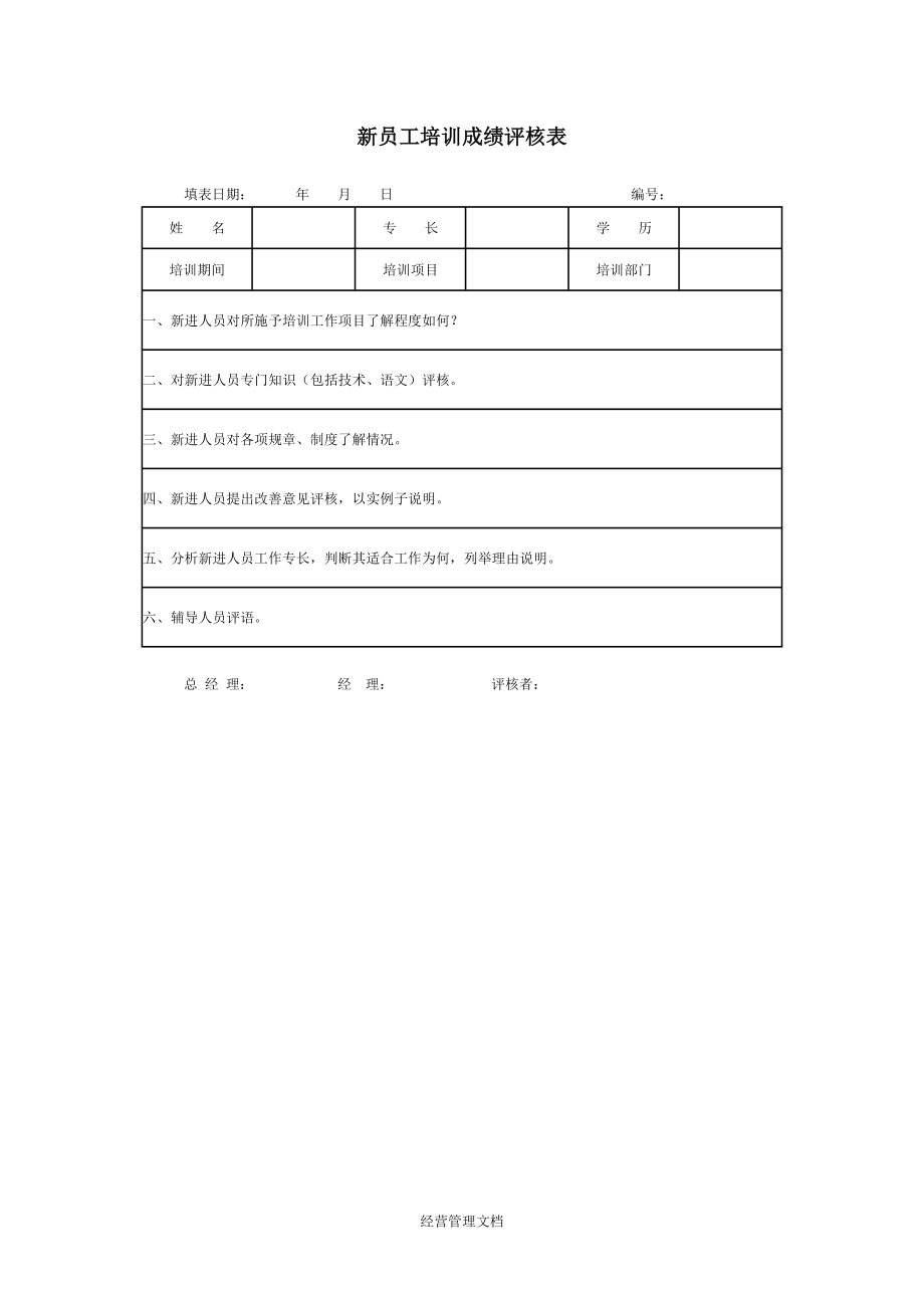 企业新员工培训管理资料 57_新员工培训成绩评核表.doc_第1页