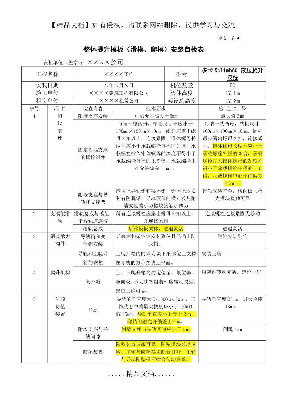 表91 整体提升模板(滑模、爬模)安装自检表.doc_第2页