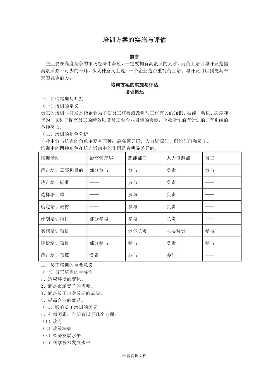 培训发展资料 评估方法实施效果表格 培训方案的实施和评估.doc_第1页