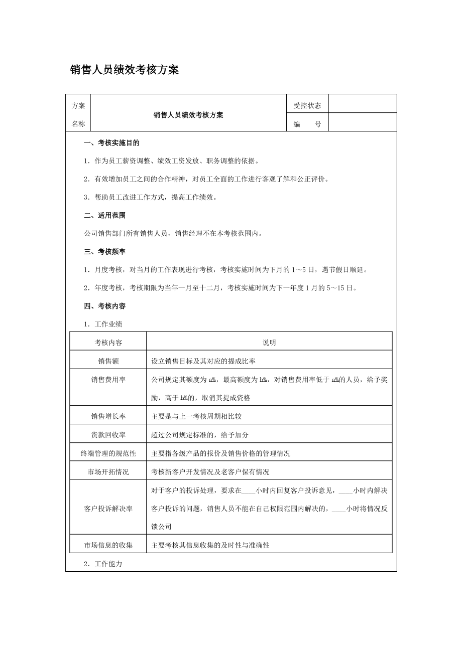 销售人员绩效考核方案模板.pdf_第1页