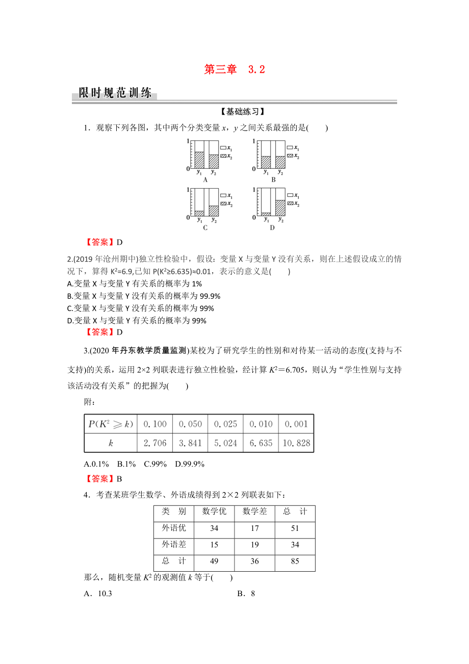 2021_2021学年高中数学第3章统计案例3.2独立性检验的基本思想及其初步应用作业含解析新人教A版选修2_.doc_第1页