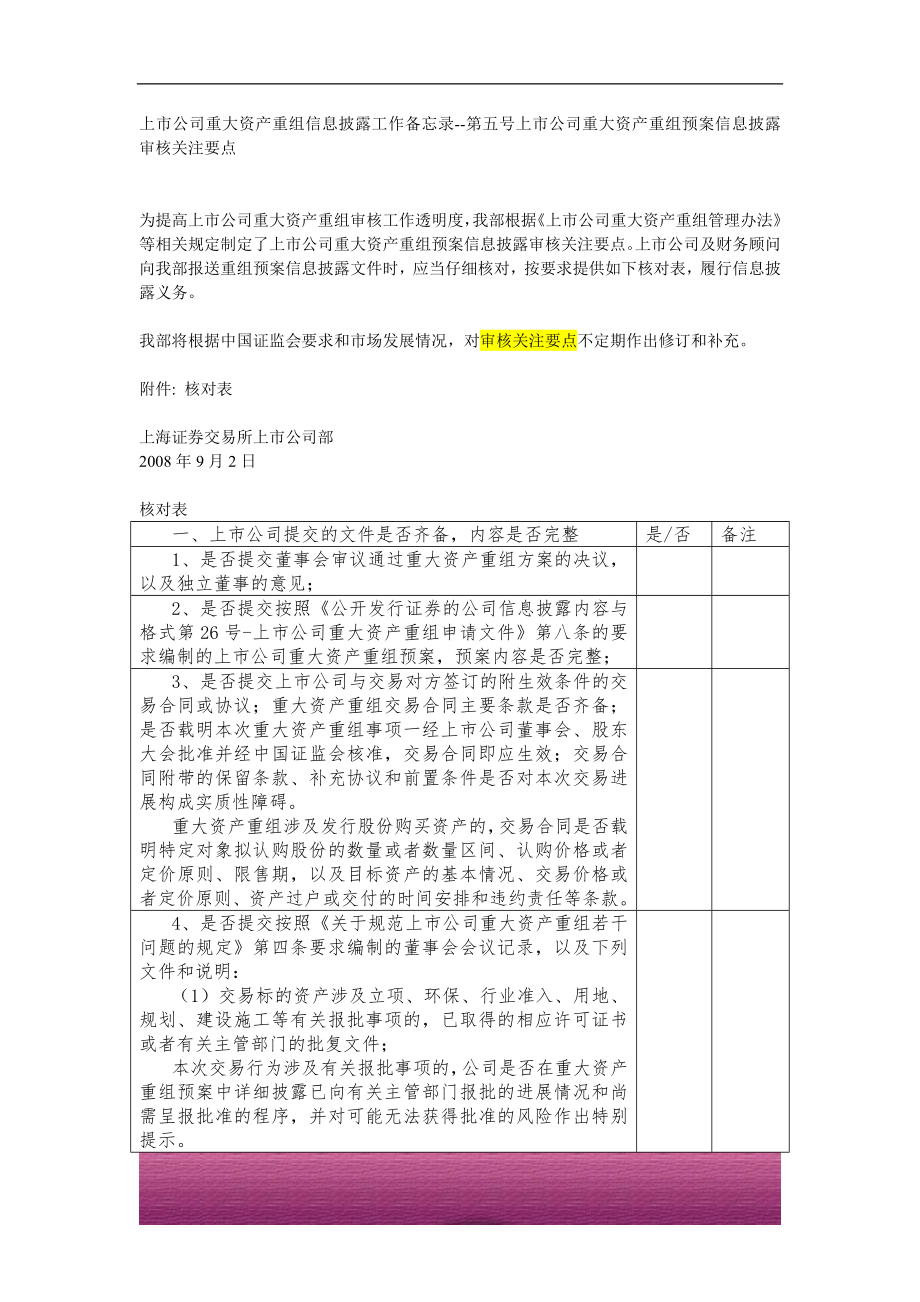 金融证券发行证券审核证券研究资料 上市公司重大资产重组信息披露工作备忘录（5号） 上市公司重大资产重组预案信息披露审核关注要点（9条）参见1号.doc_第1页