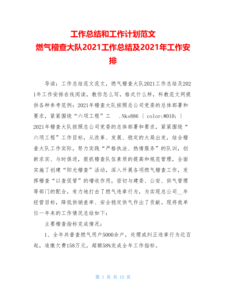 工作总结和工作计划范文 燃气稽查大队2021工作总结及2021年工作安排.doc_第1页