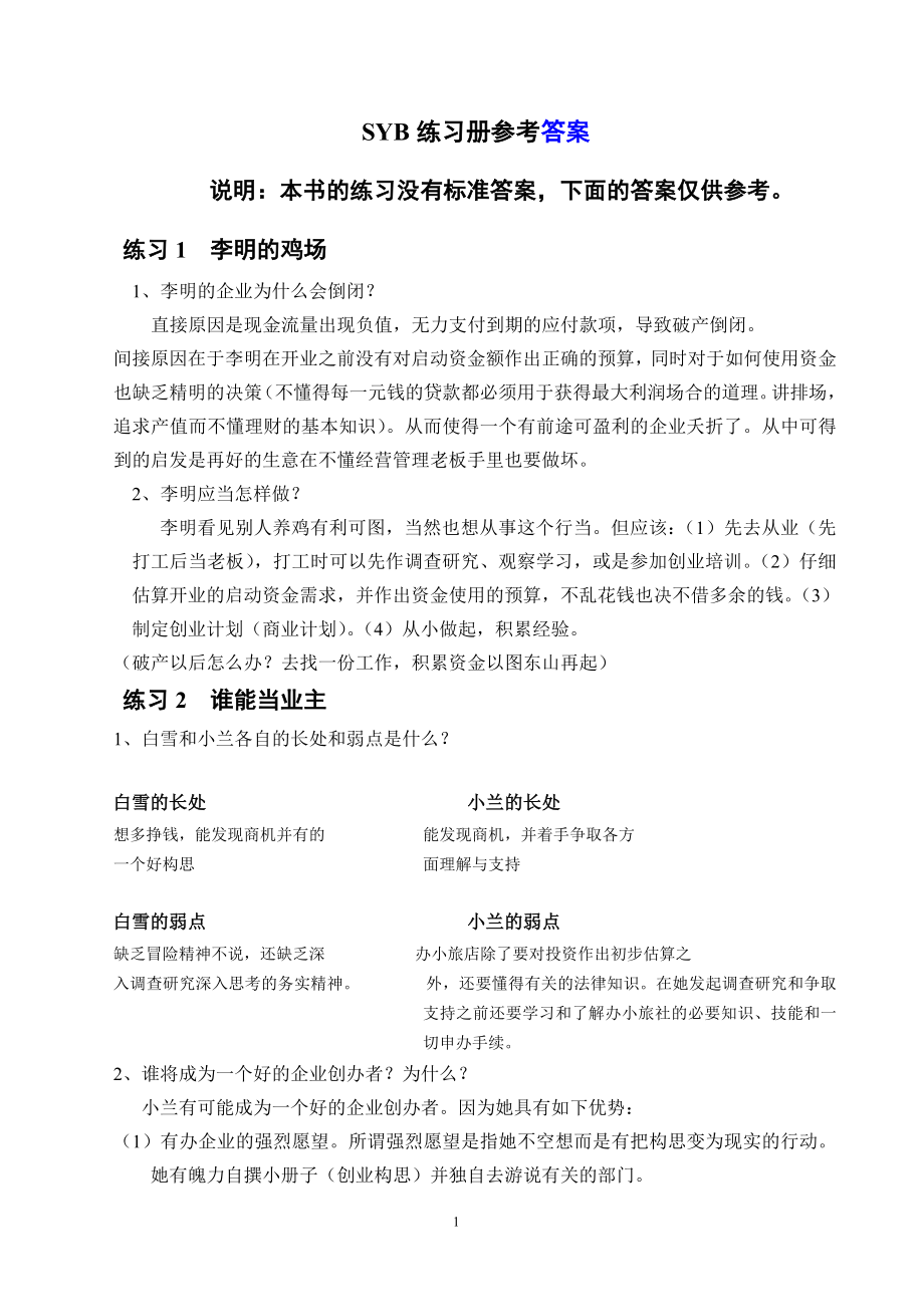 创业组织计划管理案例分析训练 SYB创业培训教材练习题参考答案.doc_第1页