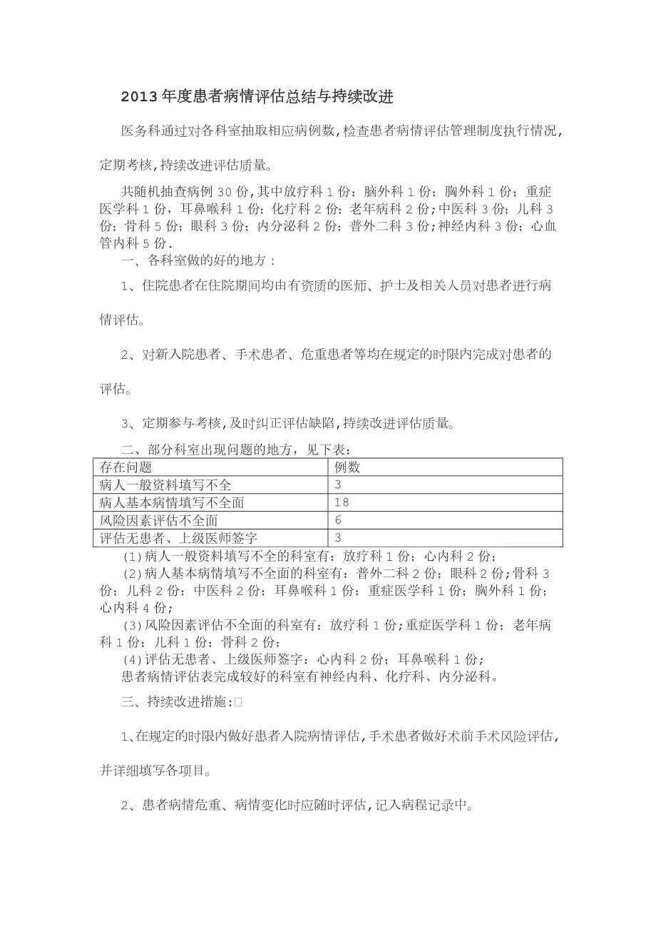 2013年度患者病情评估总结与持续改进.doc_第1页