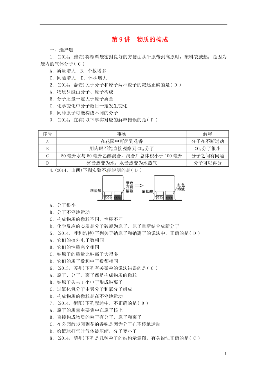 2021届中考化学考点复习第9讲物质的构成测试.doc_第1页