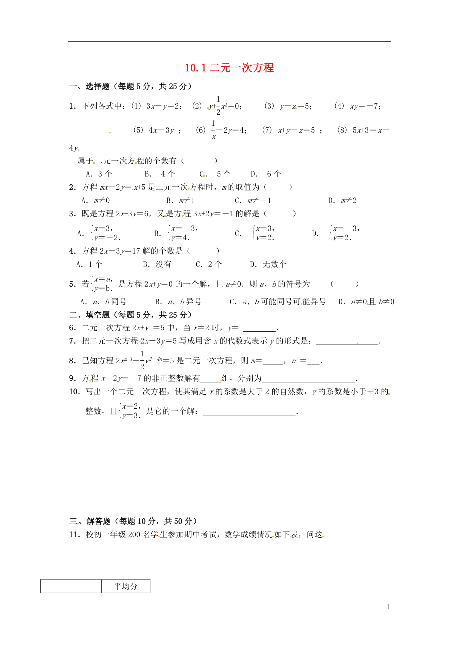 2021年春七年级数学下册 10.1 二元一次方程作业2 （新版）苏科版.doc_第1页