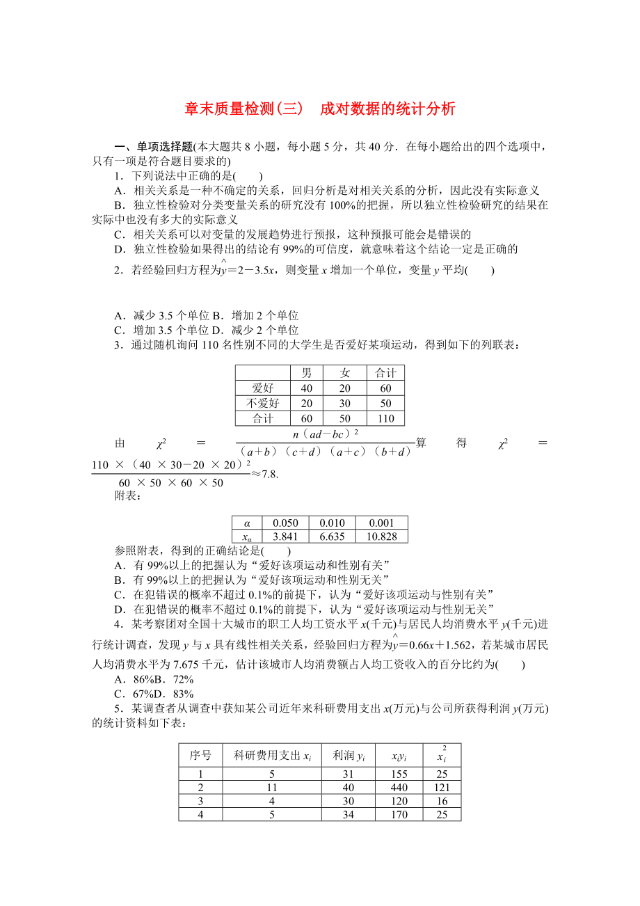 2021_2021学年新教材高中数学第八章成对数据的统计分析章末质量检测含解析新人教A版选择性必修第三册.docx_第1页