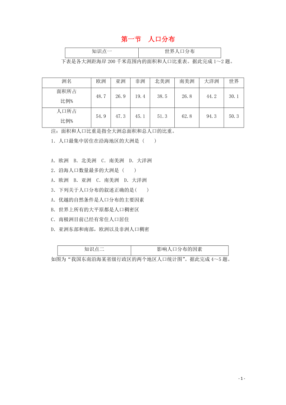 2021_2021学年新教材高中地理第一章人口与地理环境第一节人口分布课时作业含解析湘教版必修.doc_第1页