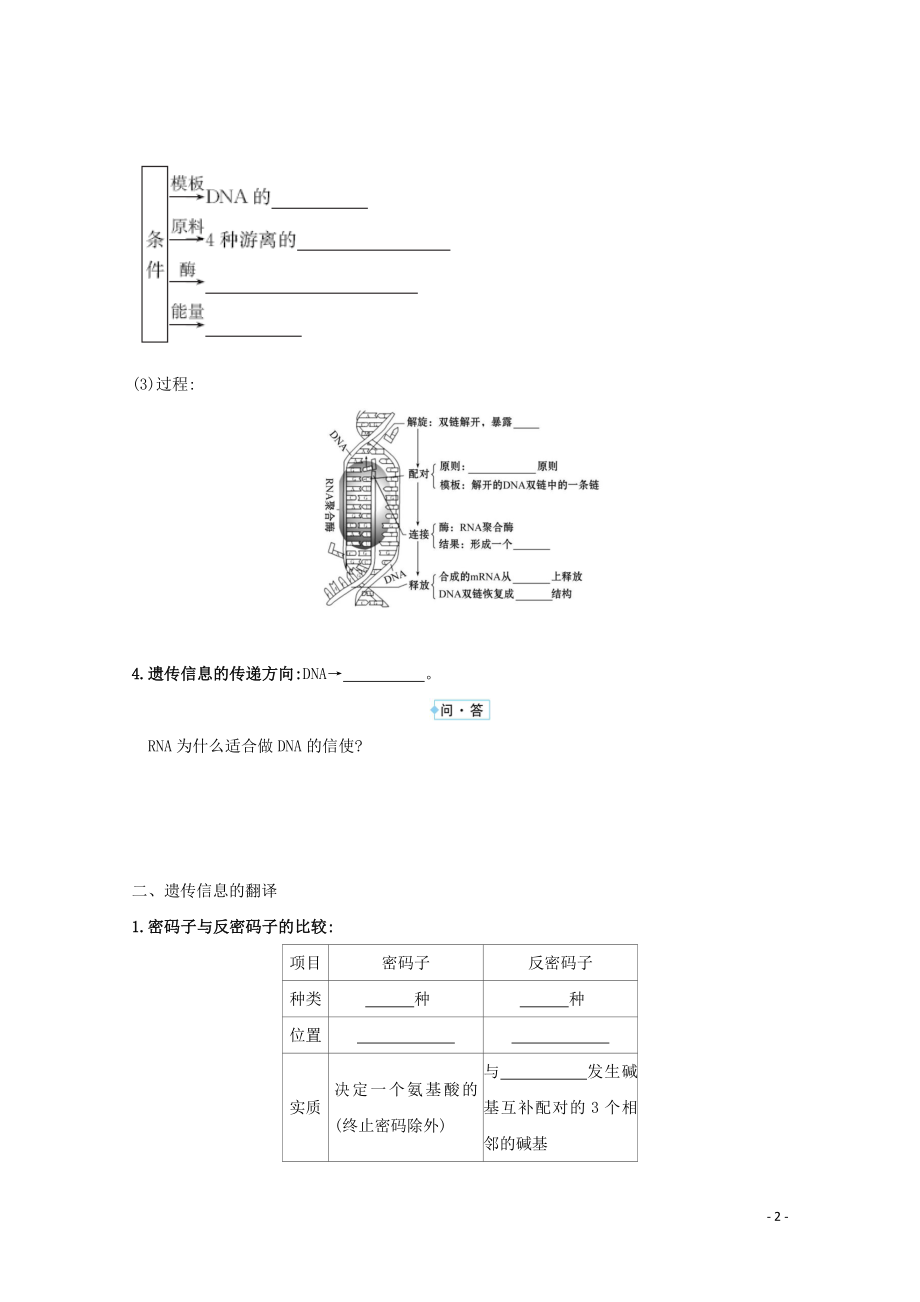 2021_2021学年高中生物第4章基因的表达第1节基因指导蛋白质的合成学案新人教版必修.doc_第2页