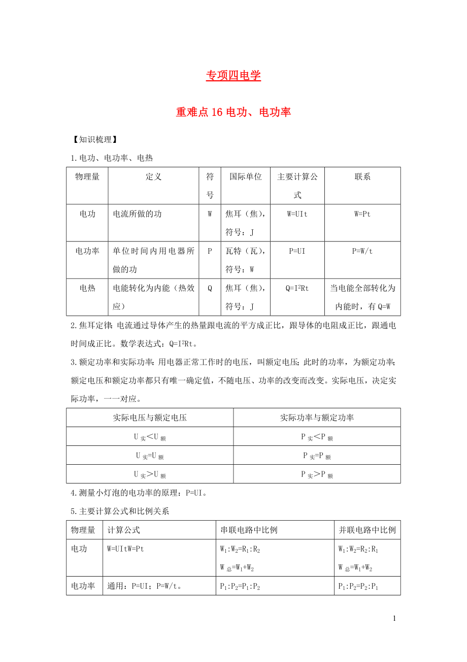 2021年中考物理重点难点专练16电功电功率含解析.docx_第1页