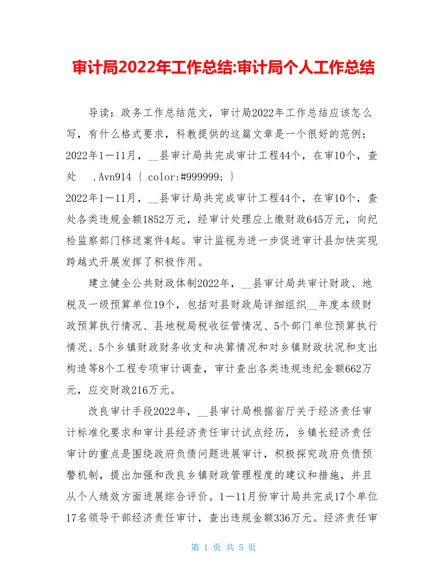 审计局2022年工作总结审计局个人工作总结.doc_第1页