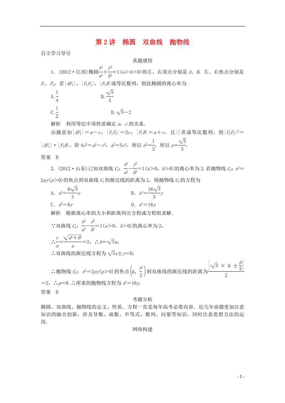 2021届高三数学二轮复习 专题五 第2讲 椭圆 双曲线 抛物线教案.doc_第1页