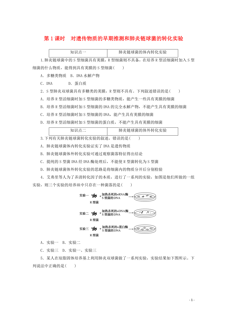 2021_2021学年新教材高中生物第三章基因的本质第1节第1课时对遗传物质的早期推测和肺炎链球菌的转化实验课时作业含解析新人教版必修.doc_第1页