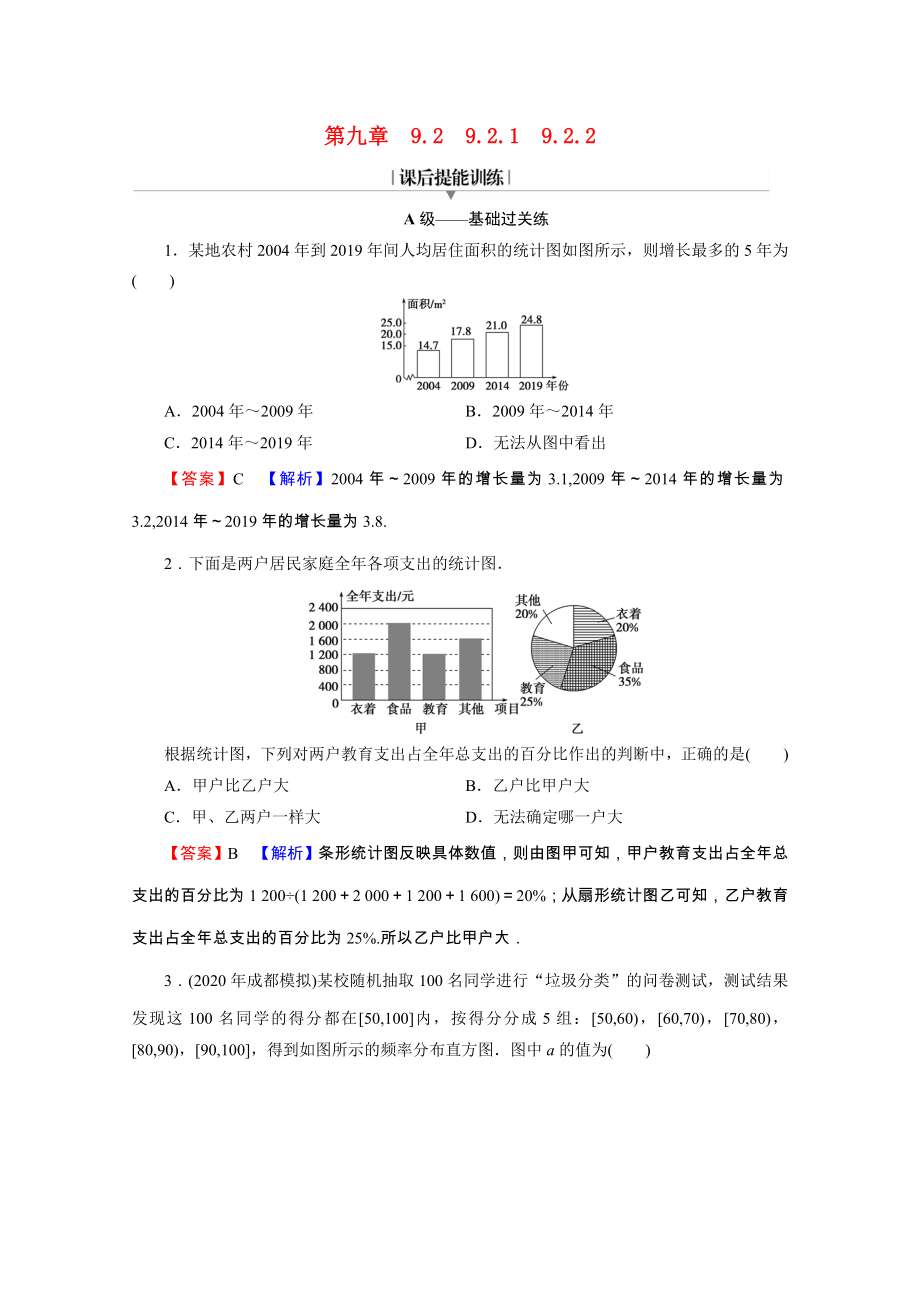 2021_2021学年新教材高中数学第九章统计9.2.19.2.2总体取值规律的估计总体百分位数的估计练习含解析新人教A版必修第二册.doc_第1页