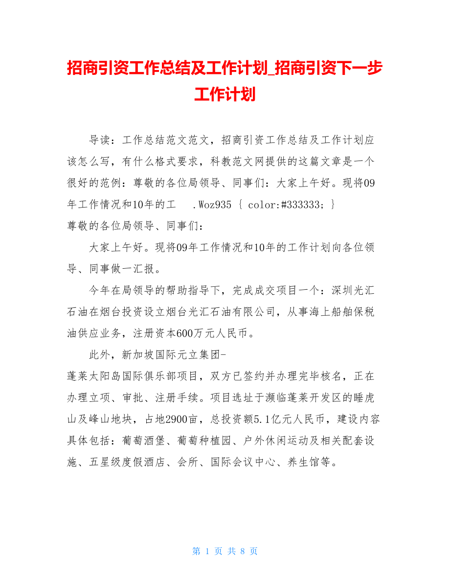 招商引资工作总结及工作计划_招商引资下一步工作计划.doc_第1页