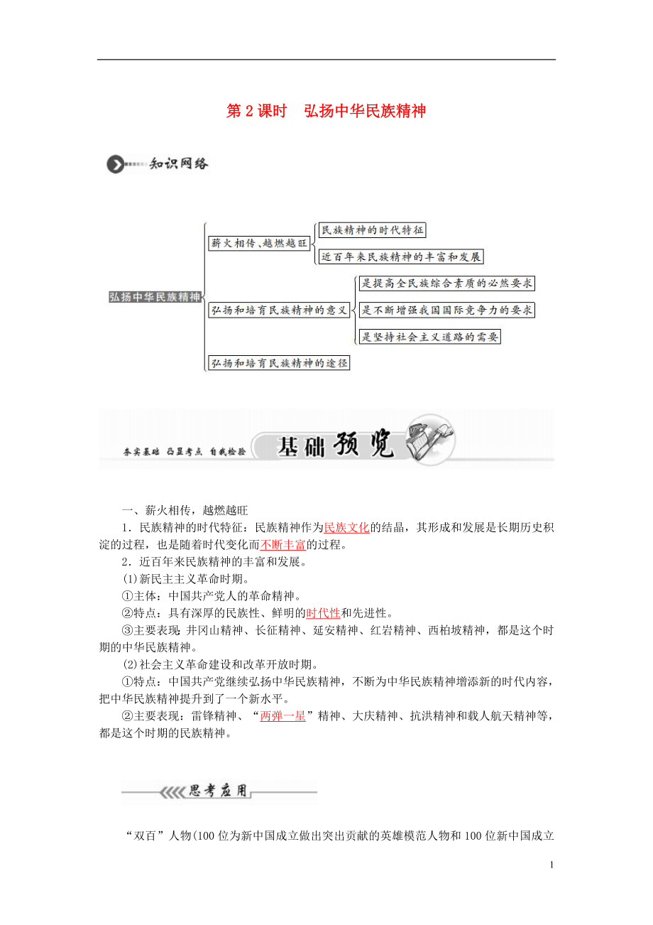 2021_2021高中政治第七课第2课时弘扬中华民族精神课堂达标新人教版必修3.doc_第1页