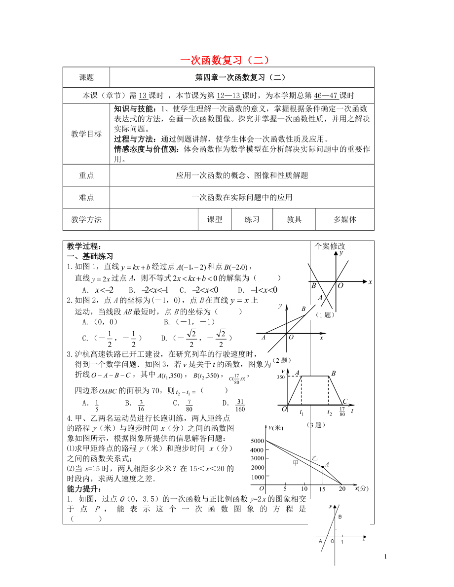 2021八年级数学下册 第四章 一次函数（二）复习教案 （新版）湘教版.doc_第1页