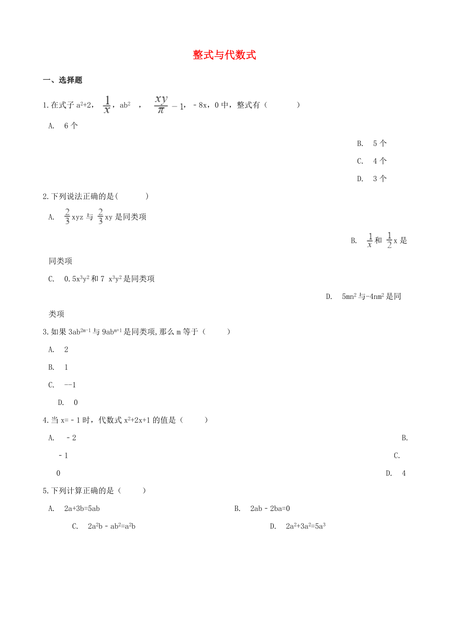 2021年中考数学必考知识点整式与代数式专项训练含解析.doc_第1页