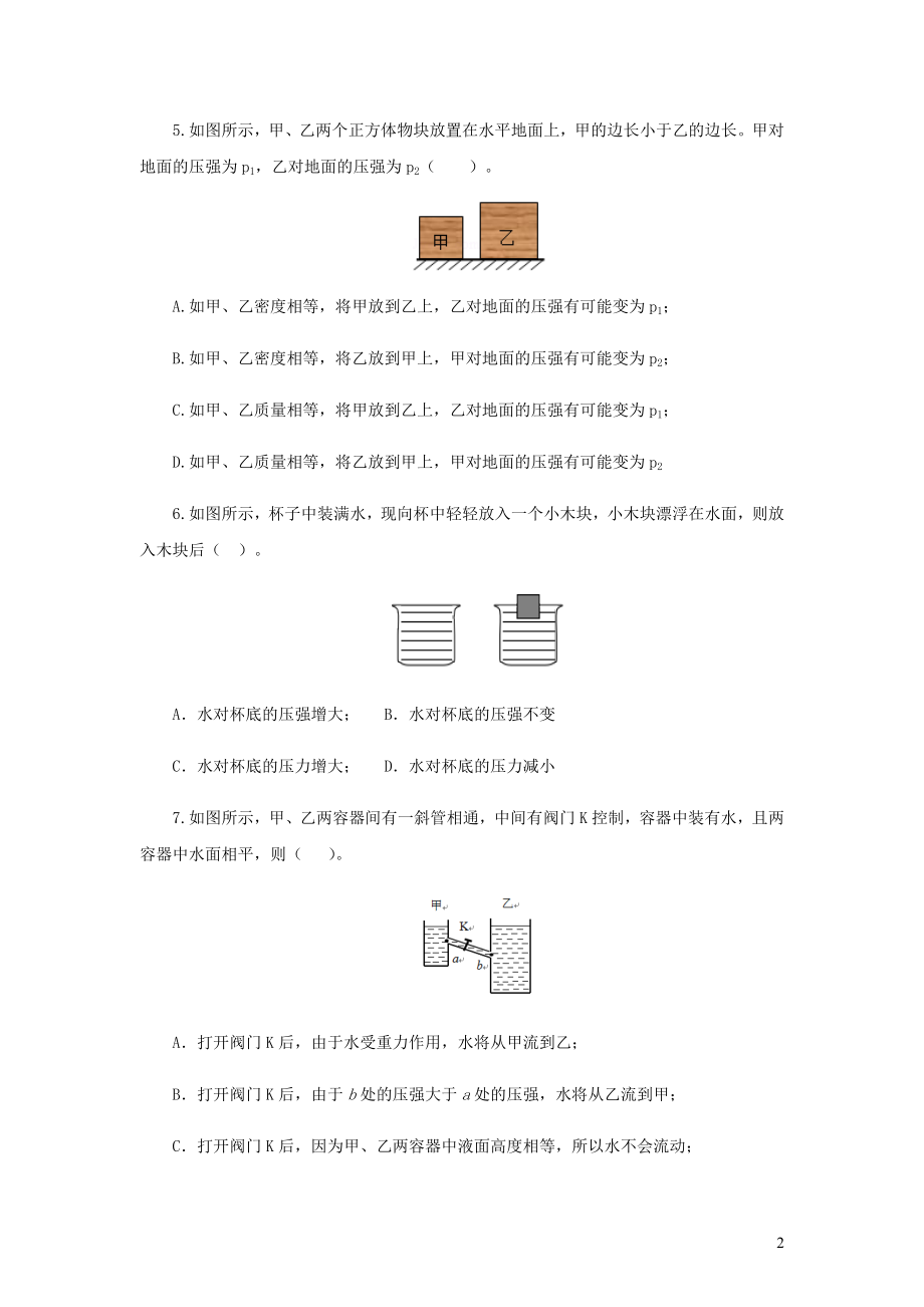 2021_2021学年九年级物理寒假辅导讲义与练习专题11压强练习含解析.docx_第2页