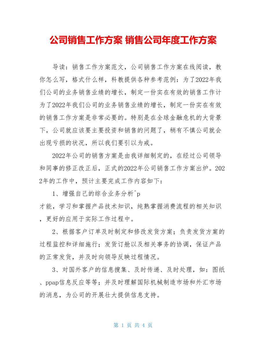 公司销售工作计划销售公司年度工作计划.doc_第1页