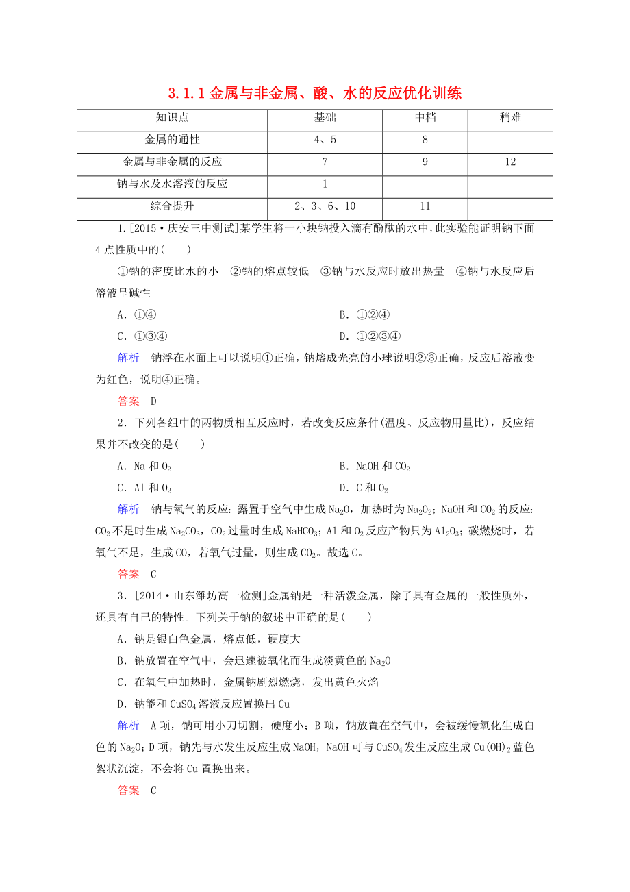 2021_2021学年高中化学3.1.1金属与非金属酸水的反应优化训练新人教版必修1.doc_第1页