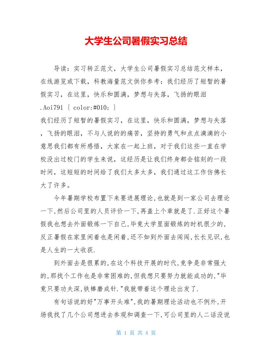 大学生公司暑假实习总结.doc_第1页