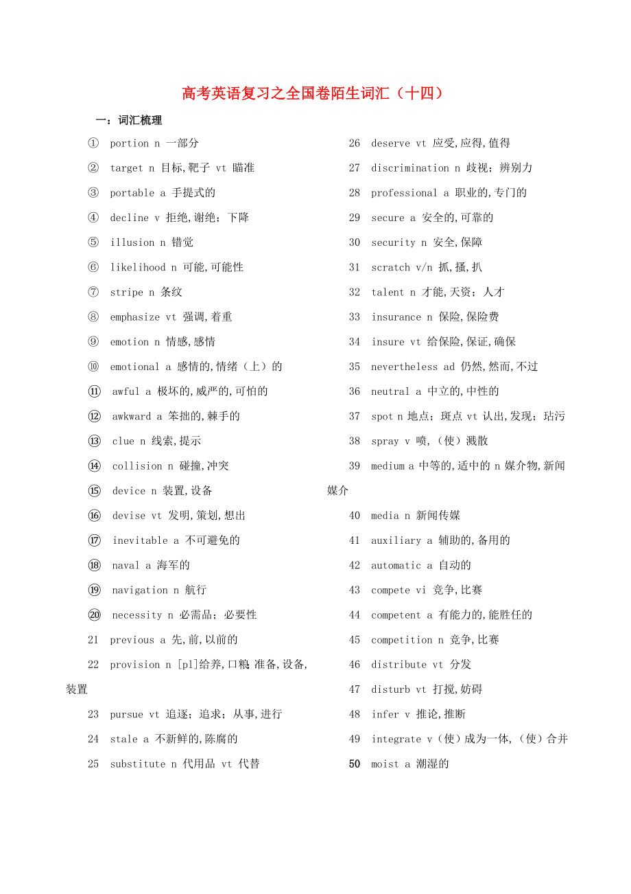 2021届高考英语二轮复习之全国卷陌生词汇十四.doc_第1页