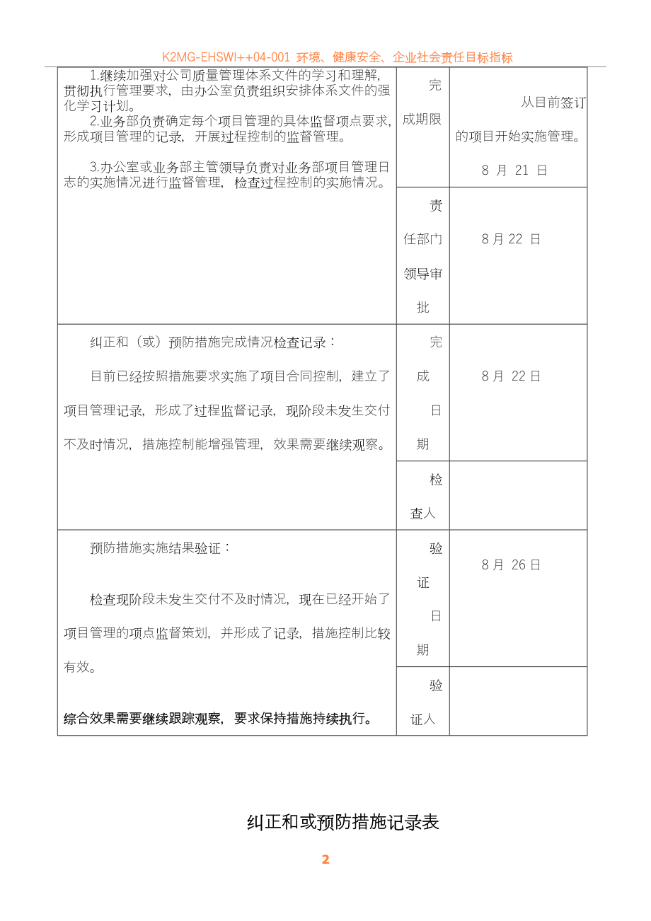 2012纠正和或-预防措施记录表(模板).doc_第2页