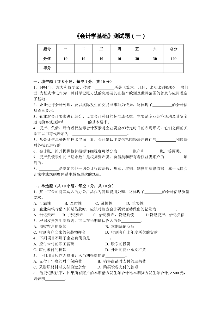 22年X学校X专业《会计学基础》测试题(一)期末考试卷模拟试卷测试题模拟题综合模拟试卷综合试题带答案.doc_第1页